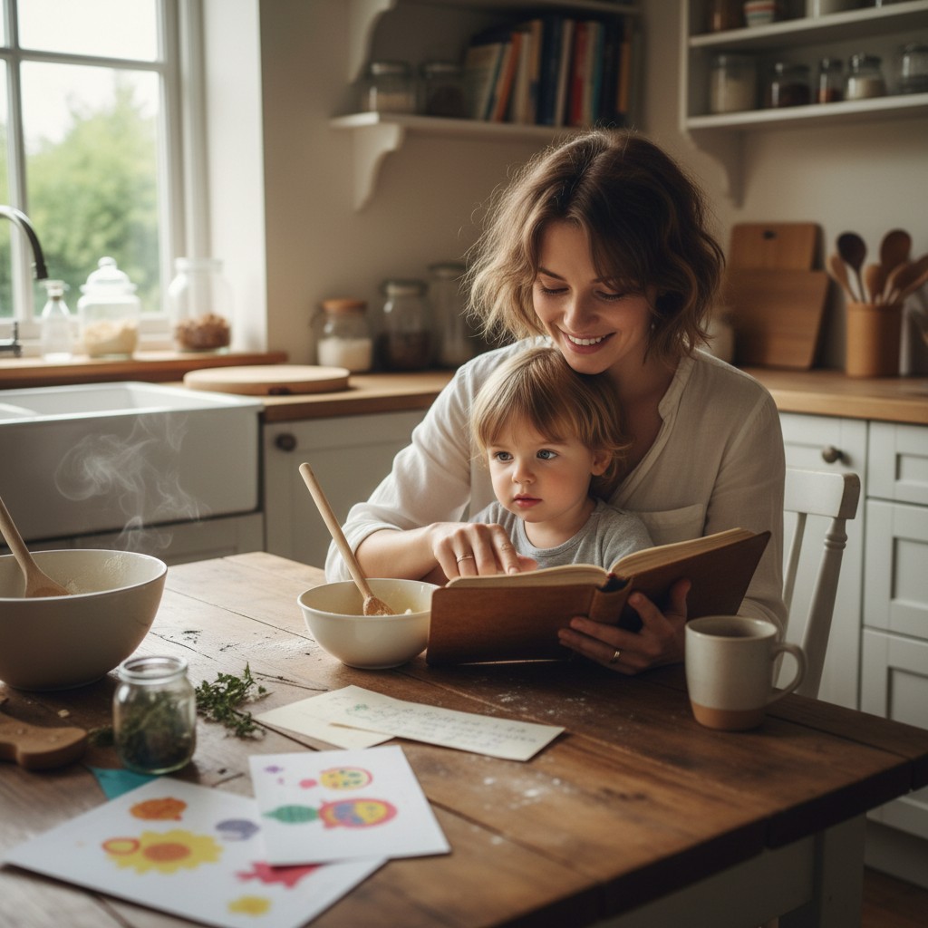 A woman sits at a kitchen counter next to a small child, with a book open in her hands while the child looks to the right....